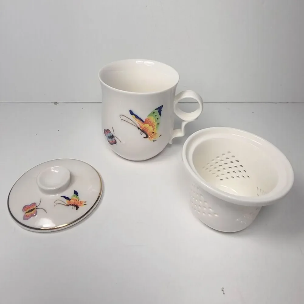 Teavana Mug Porcelain Tea Cup Infuser 3 pc Enchanted Butterflies embossed